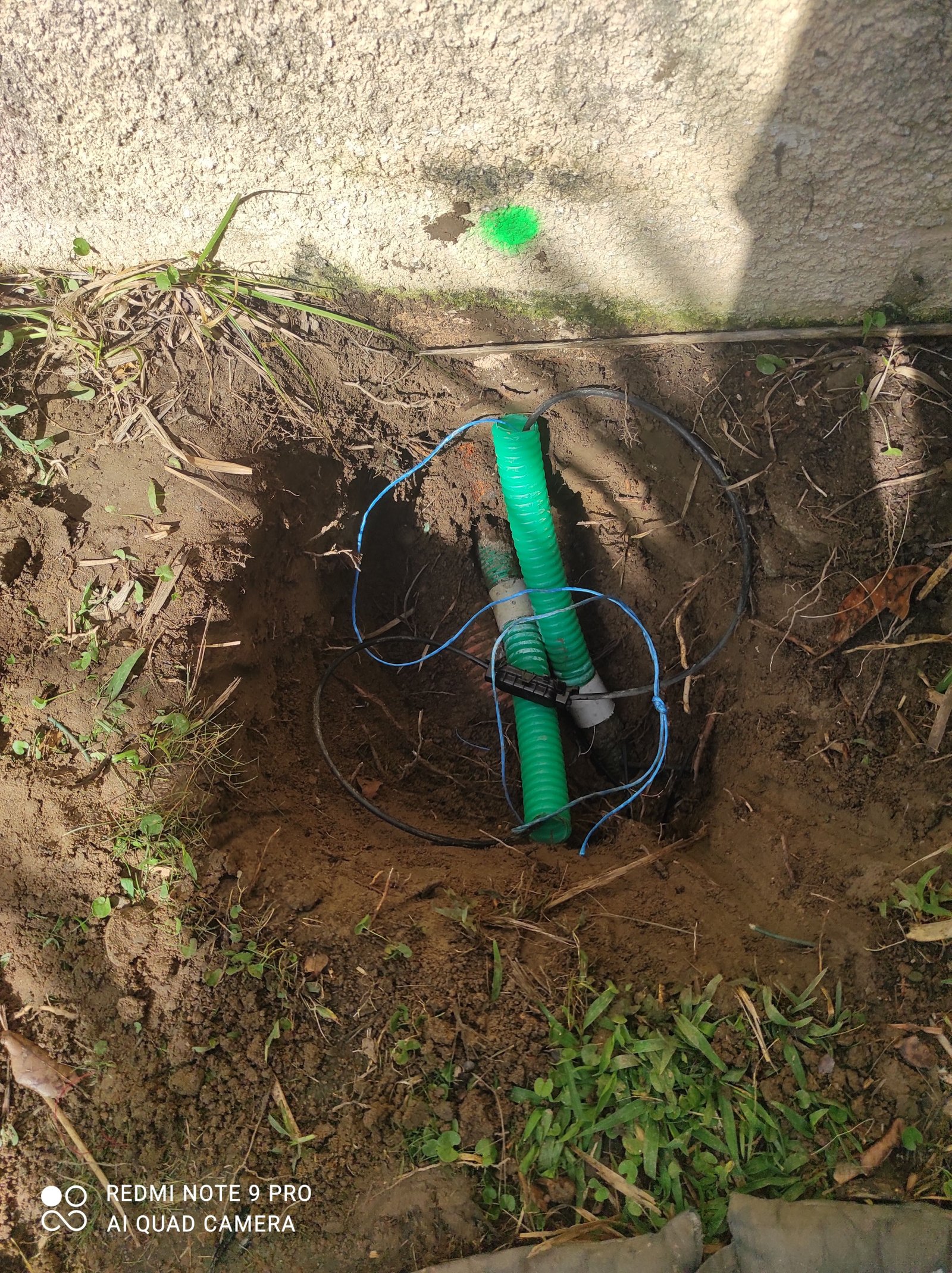 Découverte des différents câbles de fibre optique et téléphonique enfouis dans le jardin proche du mûr de clôture.